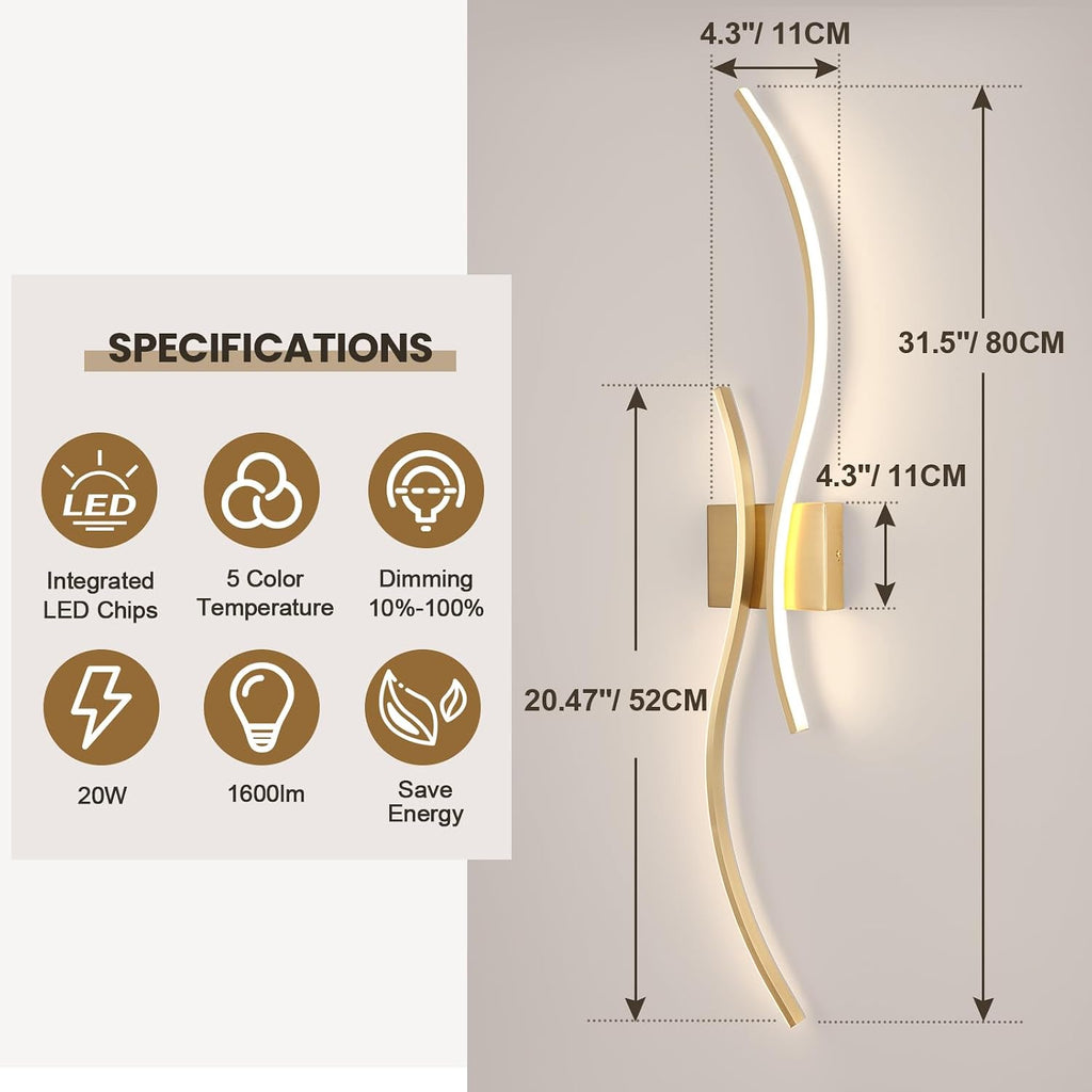 Modern Wall Sconce Set Of, 5CCT Dimmable Indoor Led Wall Sconce Lighting Set of 2, 31.5 Inch Wall Light Fixtures, Gold Led Wall Lamps for Living Room Bedroom Bathroom Hallway
