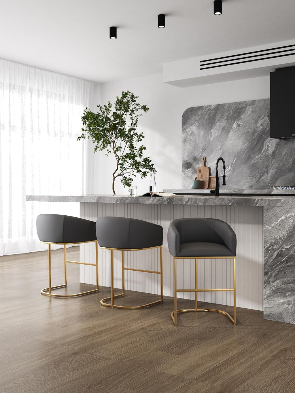 Transform Your Space with the Louvre Set of 3 Mid Century Modern Counter Height Bar Stools - Luxurious Vegan Leather and Sturdy Stainless Steel Design
