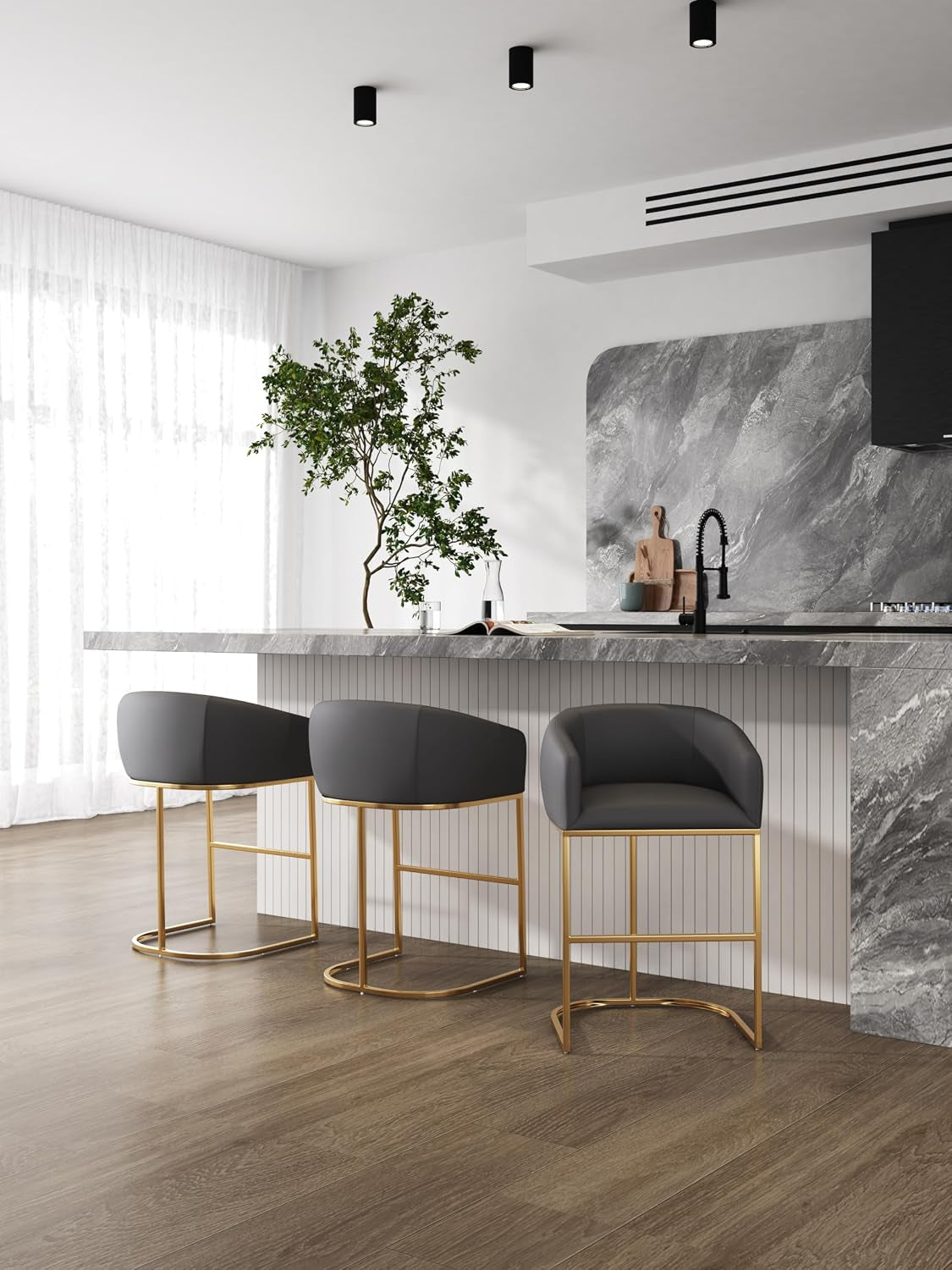 Transform Your Space with the Louvre Set of 3 Mid Century Modern Counter Height Bar Stools - Luxurious Vegan Leather and Sturdy Stainless Steel Design