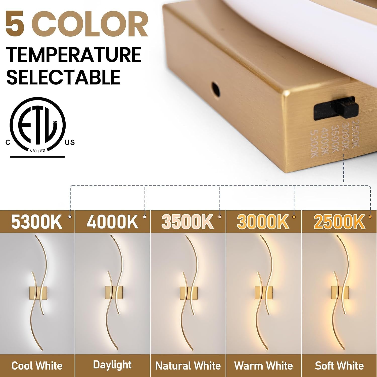 Modern Wall Sconce Set Of, 5CCT Dimmable Indoor Led Wall Sconce Lighting Set of 2, 31.5 Inch Wall Light Fixtures, Gold Led Wall Lamps for Living Room Bedroom Bathroom Hallway