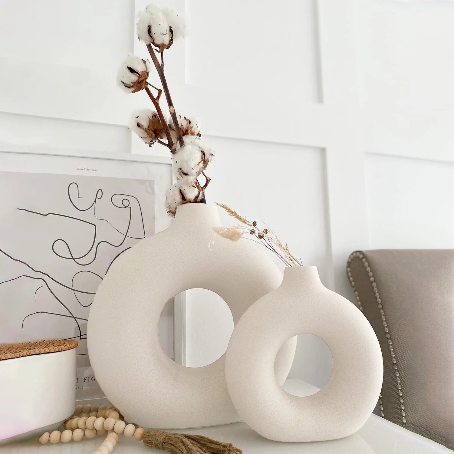 Elevate Your Home Decor with Our Set of 2 Stylish White Ceramic Donut Vases - Perfect for Modern Farmhouse Aesthetics!