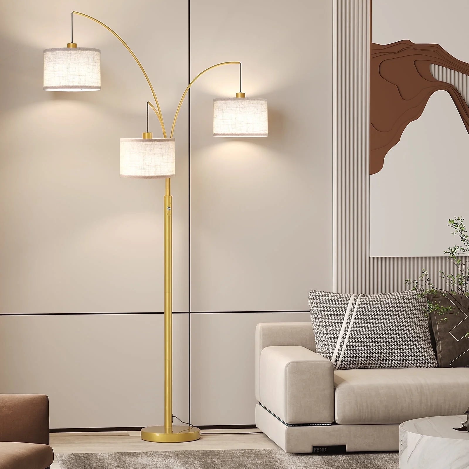 3 Lights Gold Arc Floor Lamps for Living Room, 78" Tall Standing Lamp with Hanging Drum Shade, Modern Arc Floor Lamps with Heavy Base, Mid Century Arched Tree Floor Lamp for Bedroom, Office