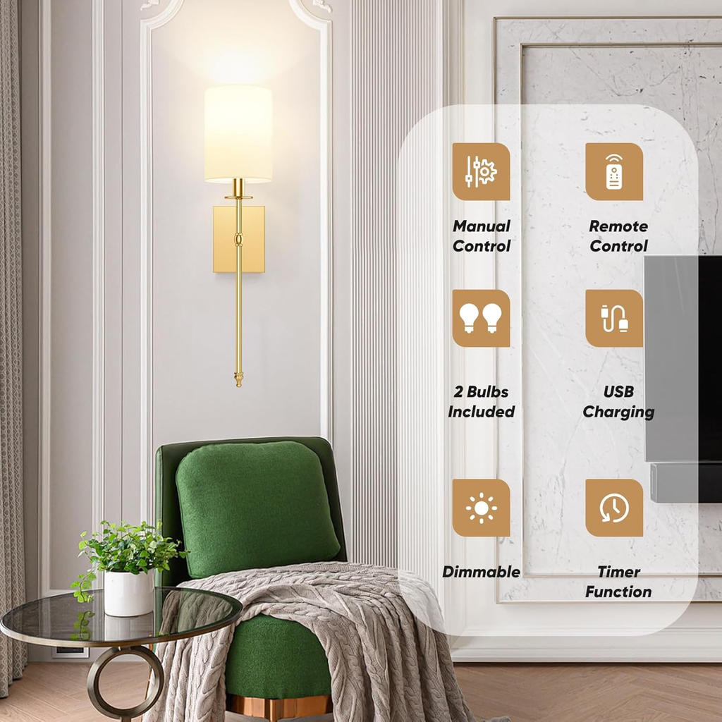 Illuminate Your Space with the Rechargeable 24.5" Wireless Wall Sconces - Set of 2 with Remote Control & Dimmable LED Lights