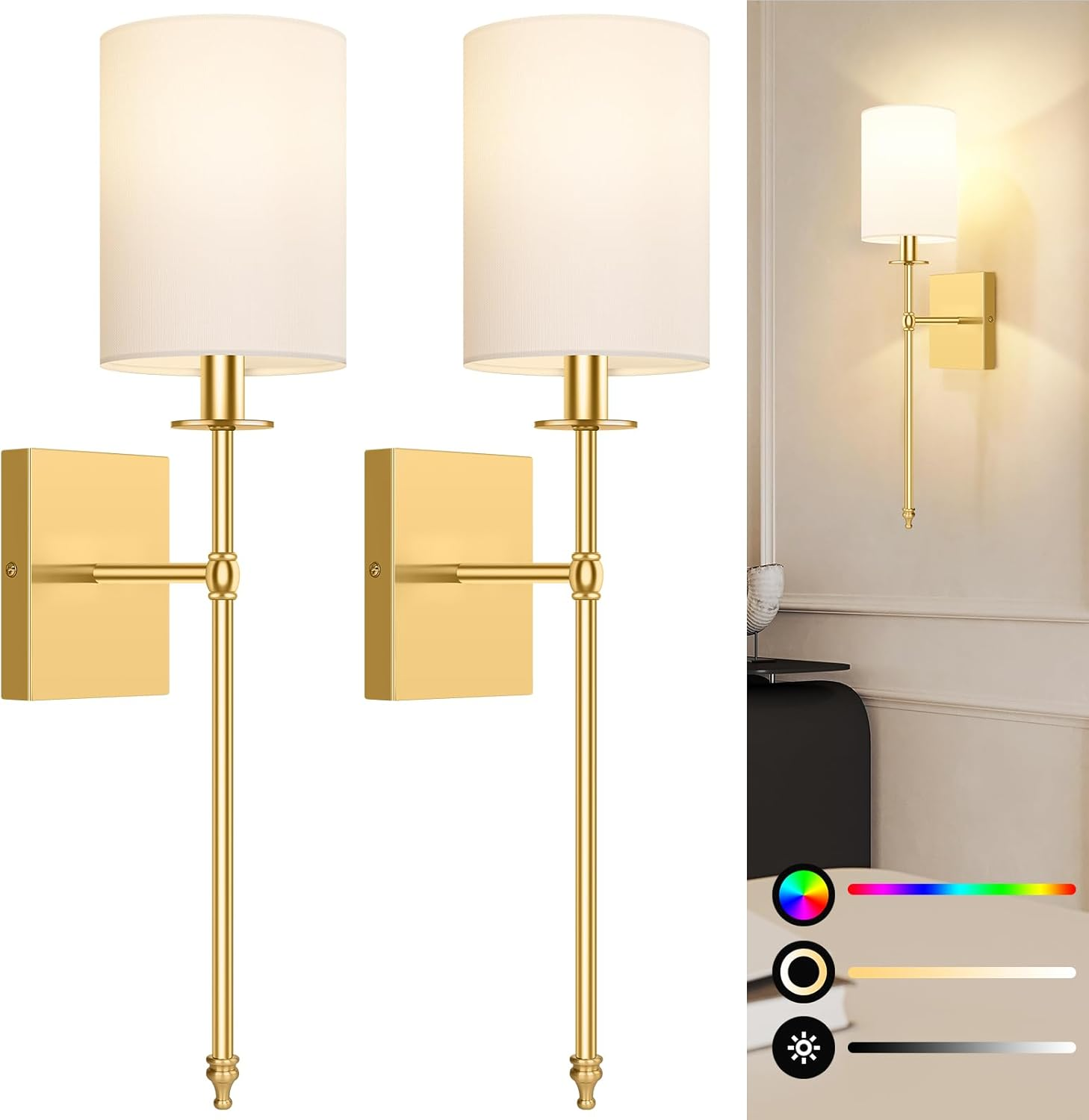 Illuminate Your Space with the Rechargeable 24.5" Wireless Wall Sconces - Set of 2 with Remote Control & Dimmable LED Lights