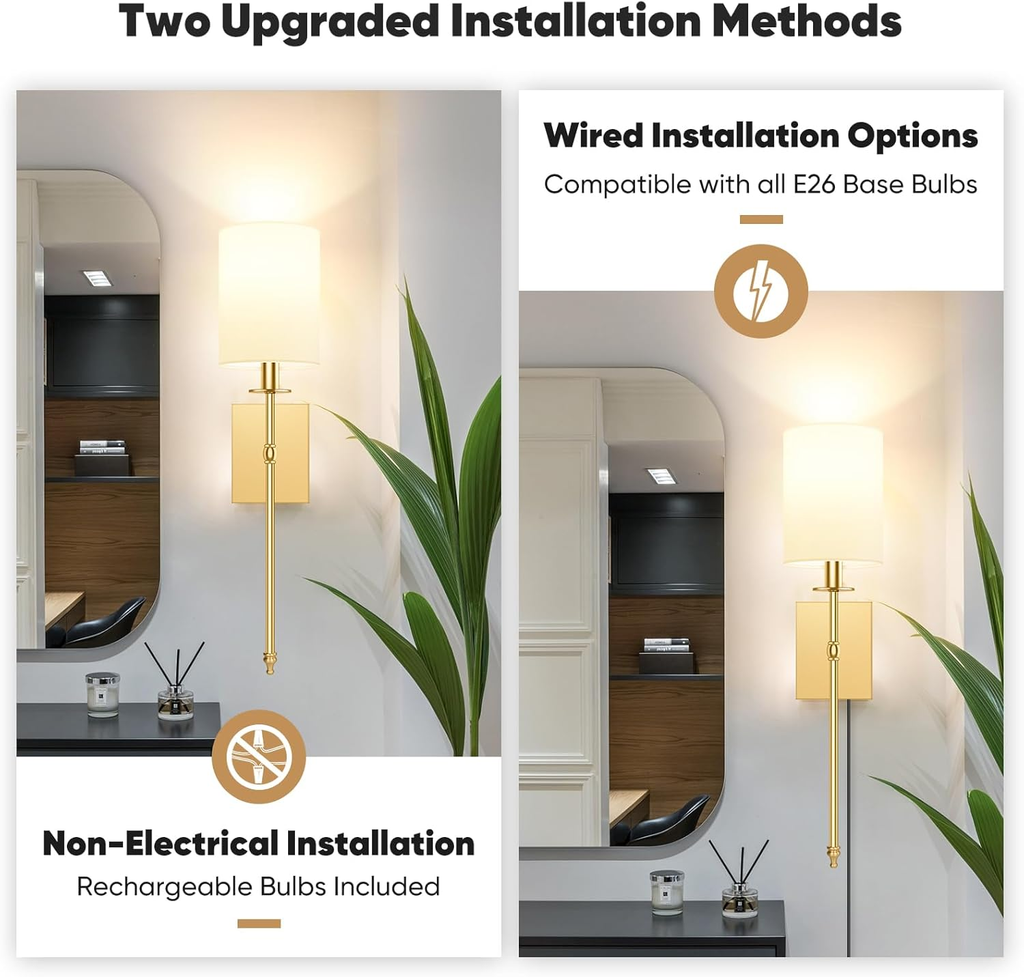 Illuminate Your Space with the Rechargeable 24.5" Wireless Wall Sconces - Set of 2 with Remote Control & Dimmable LED Lights